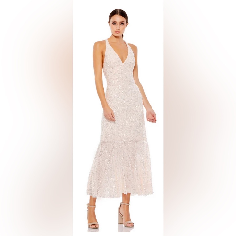 Ieena Mac Duggal Small Dress Halter Blush Pink Sequin Cross Back 2133 NWT